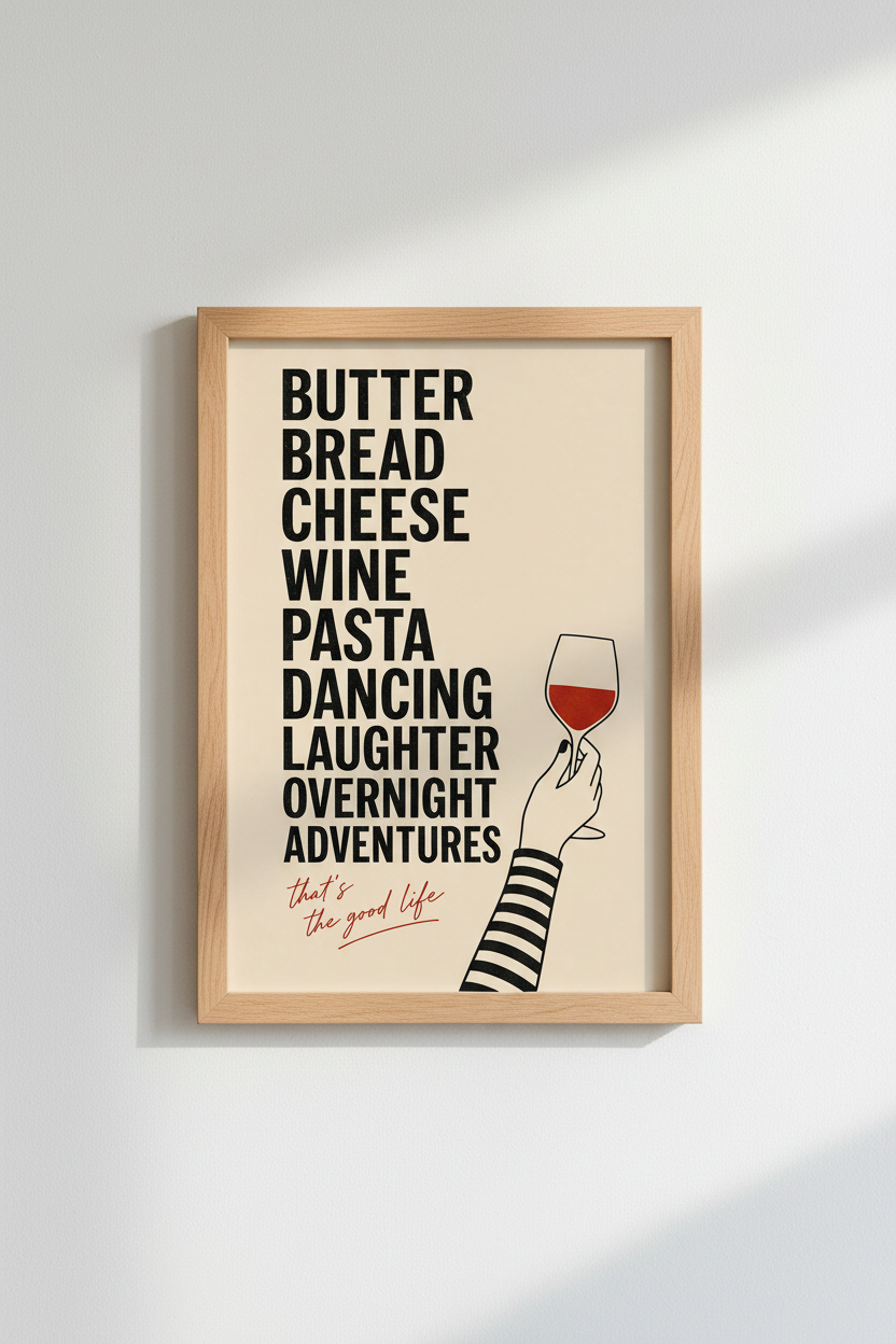 Modern Kitchen Wall Art Print | Wine and Food Typography Decor | Minimalist Poster