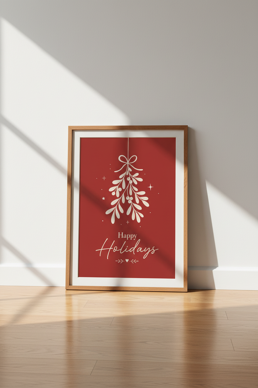 Mistletoe Happy Holidays Art | Red &amp; Cream Festive Print, Winter Home Decor