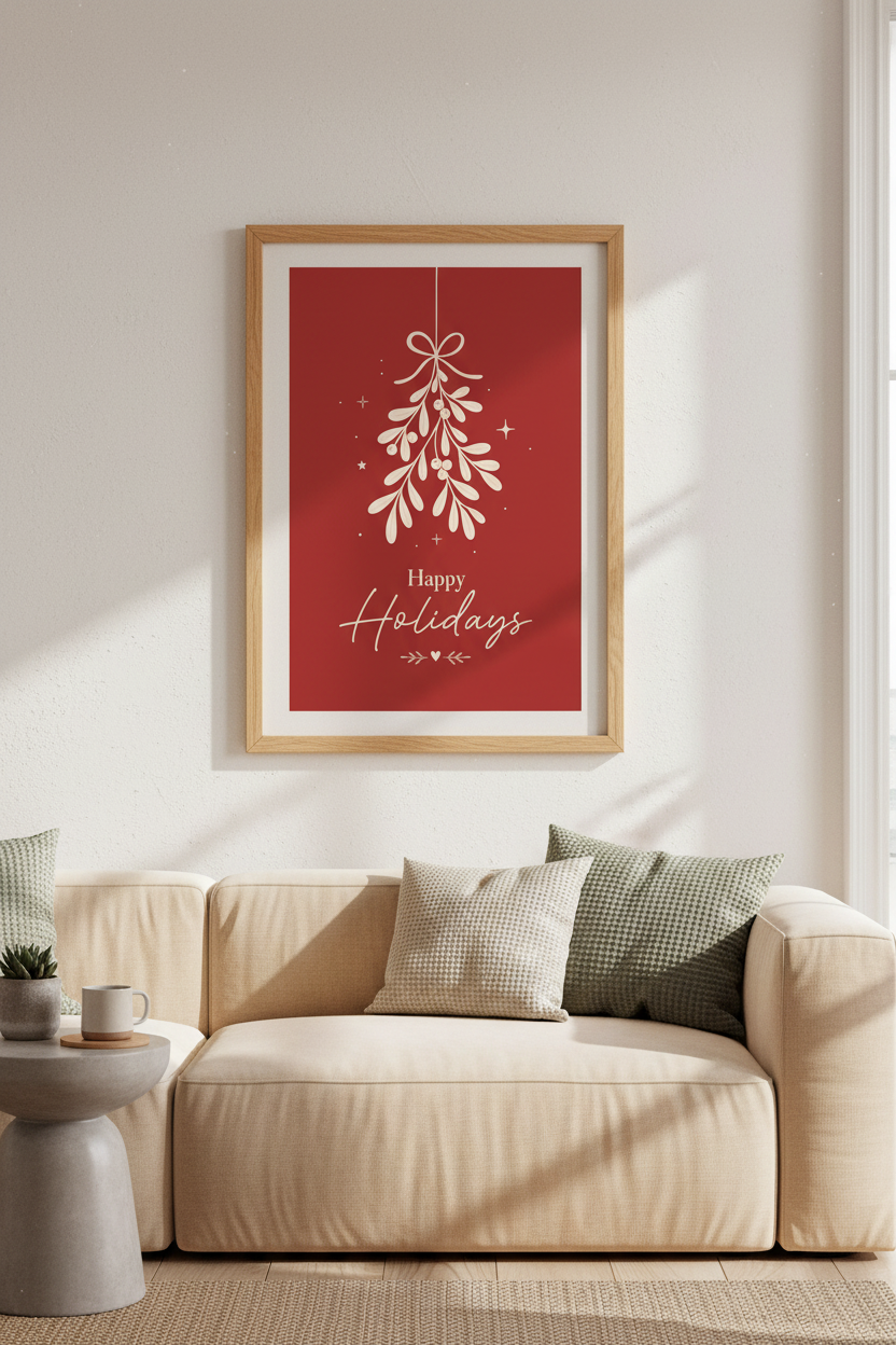Mistletoe Happy Holidays Art | Red &amp; Cream Festive Print, Winter Home Decor