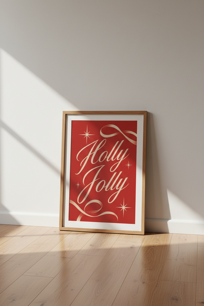 Holly Jolly Christmas Wall Art | Red Festive Typography Poster | Holiday Room Decor