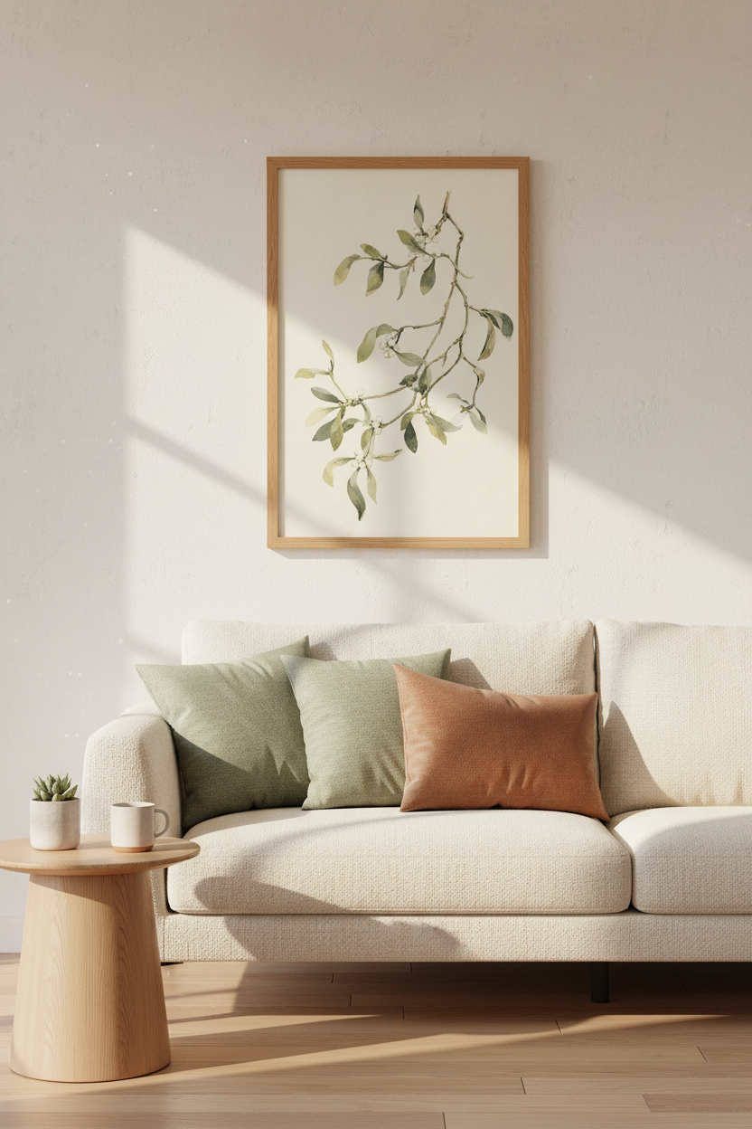 Botanical wall art print | Watercolor greens, beige backdrop, living room decor