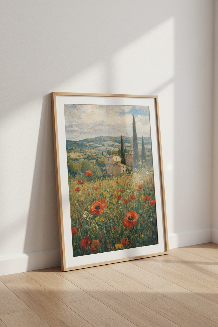 Tuscany Poppy Field Landscape | Impressionist Oil Painting style, Rustic Room Decor