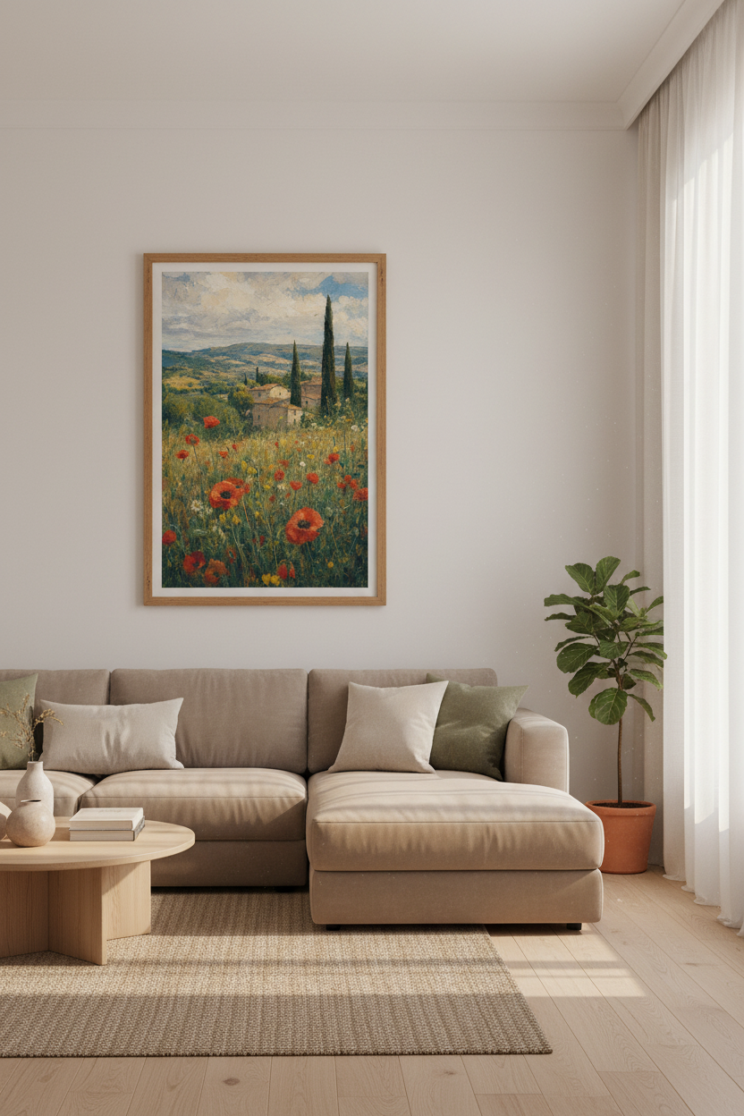 Tuscany Poppy Field Landscape | Impressionist Oil Painting style, Rustic Room Decor