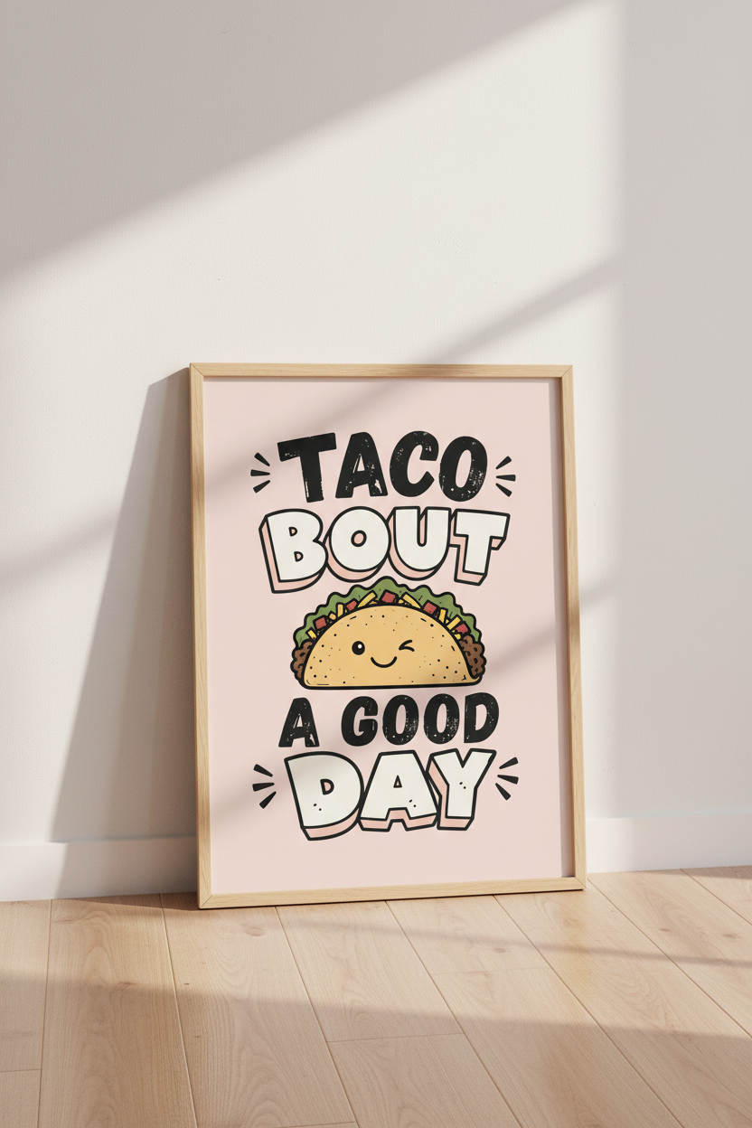 Funny Taco Wall Art Print | Cute Kitchen Decor | Retro Pink Foodie Poster
