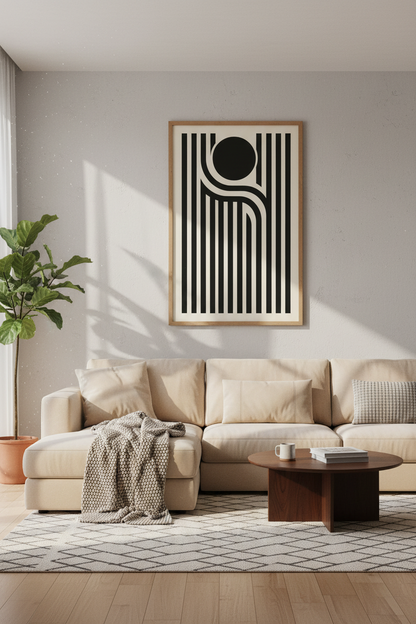 Mid Century Modern Geometric Wall Art | Bauhaus Stripe Poster, Black White Decor