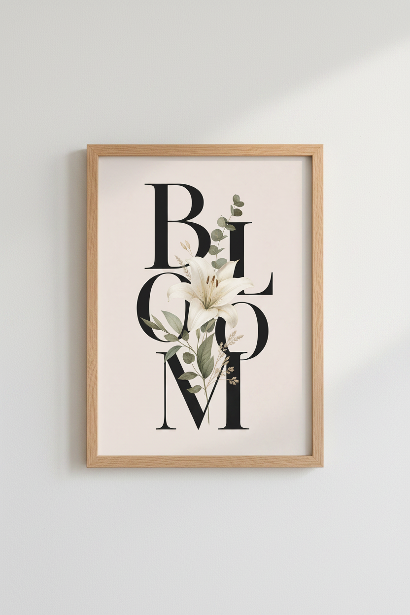 Botanical Bloom Typography Art | White Lily Floral Poster, Modern Living Room Decor