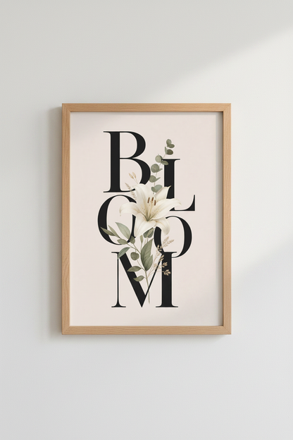Botanical Bloom Typography Art | White Lily Floral Poster, Modern Living Room Decor