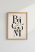 Botanical Bloom Typography Art | White Lily Floral Poster, Modern Living Room Decor