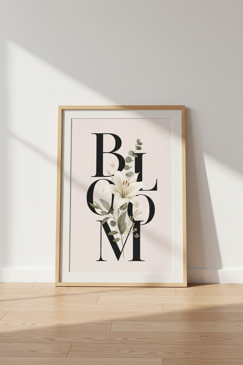 Botanical Bloom Typography Art | White Lily Floral Poster, Modern Living Room Decor