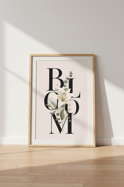 Botanical Bloom Typography Art | White Lily Floral Poster, Modern Living Room Decor