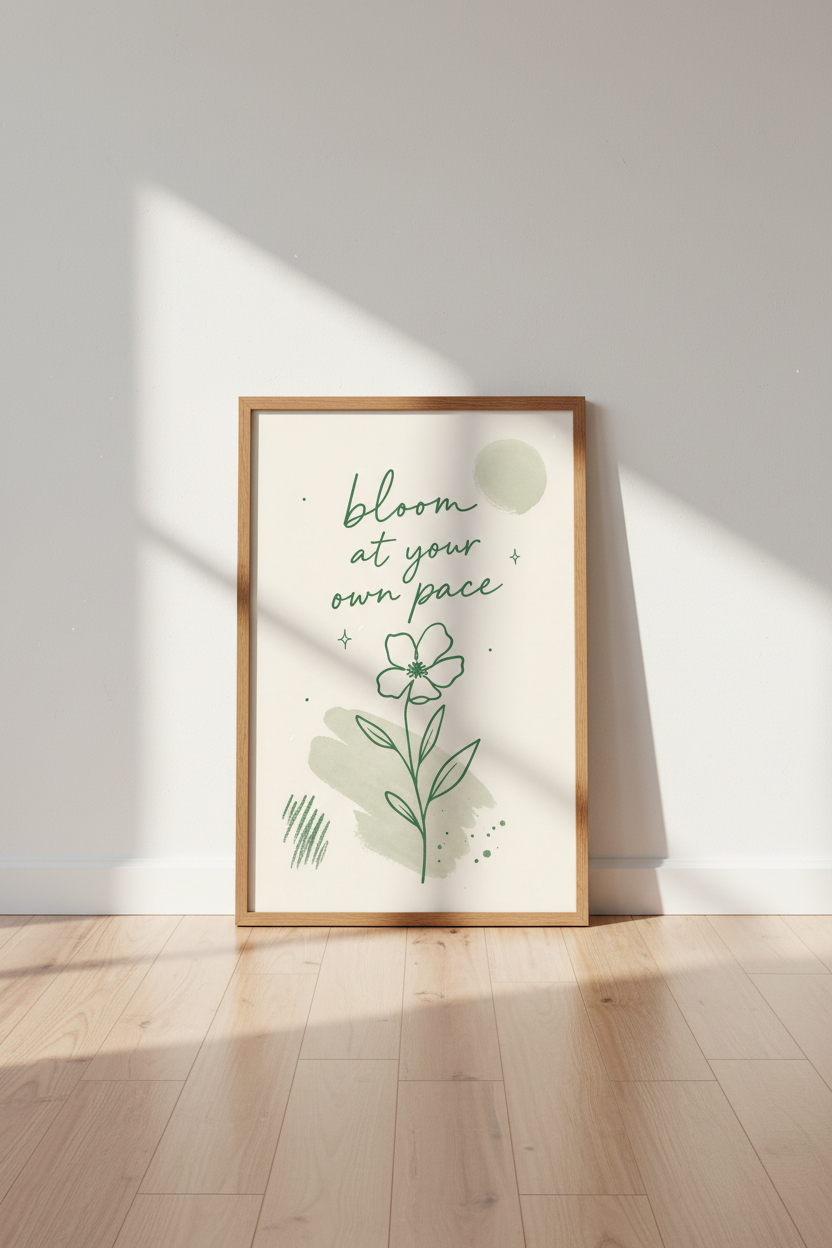 Bloom At Your Own Pace Wall Art | Sage Green Floral Decor | Boho Botanical Poster