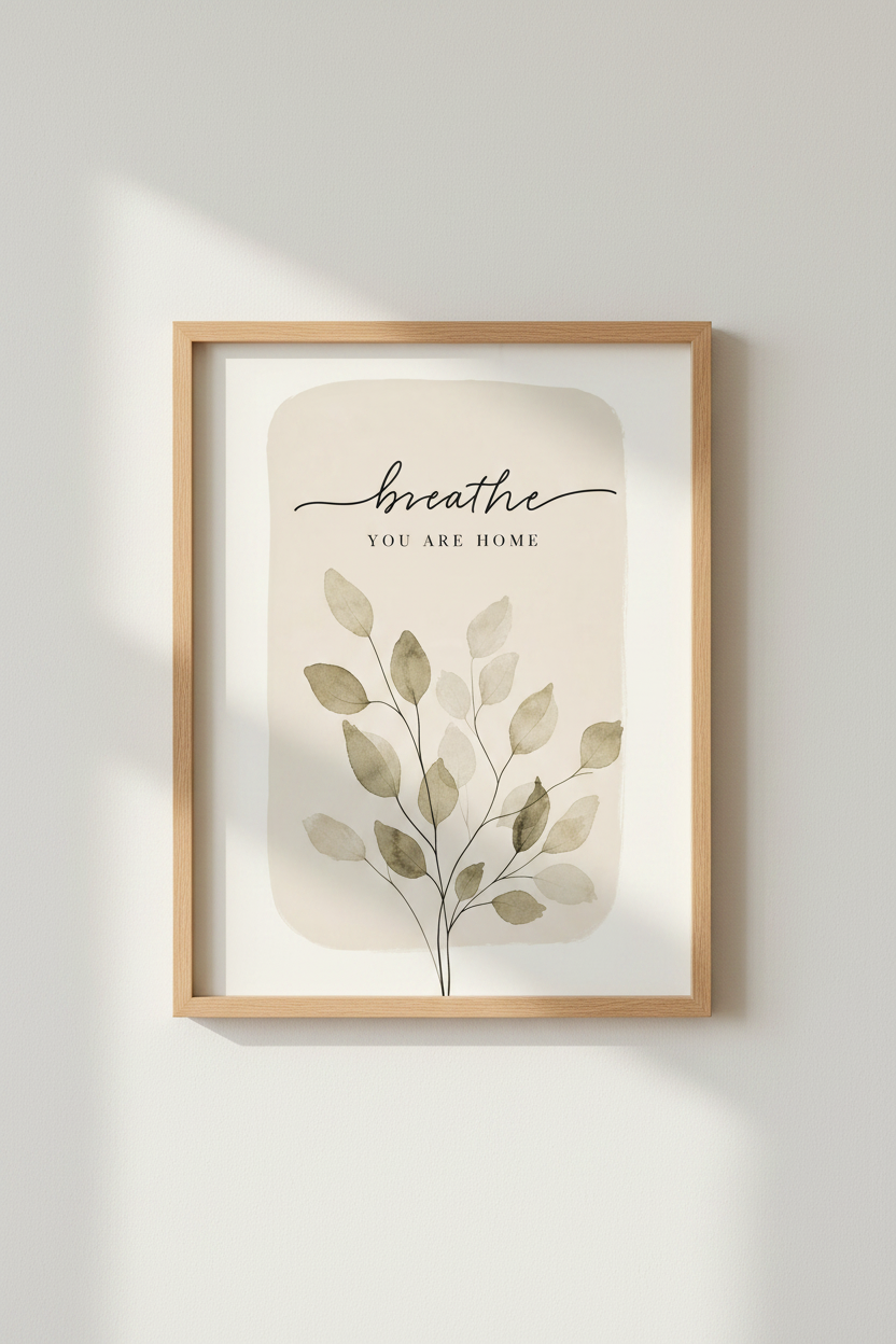 Breathe You Are Home | Neutral Botanical Leaf Print, Minimalist Entryway Decor