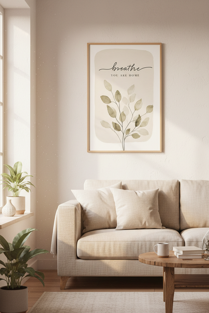 Breathe You Are Home | Neutral Botanical Leaf Print, Minimalist Entryway Decor