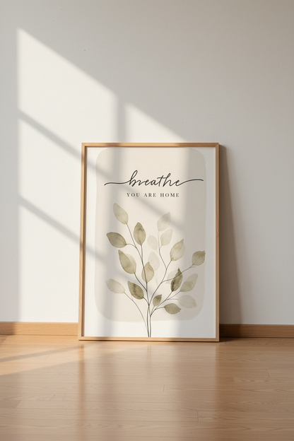 Breathe You Are Home | Neutral Botanical Leaf Print, Minimalist Entryway Decor