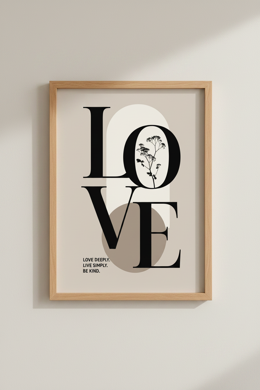 Love Typography Wall Art | Minimalist Botanical Poster, Neutral Bedroom Decor