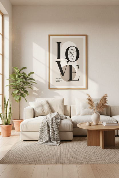 Love Typography Wall Art | Minimalist Botanical Poster, Neutral Bedroom Decor
