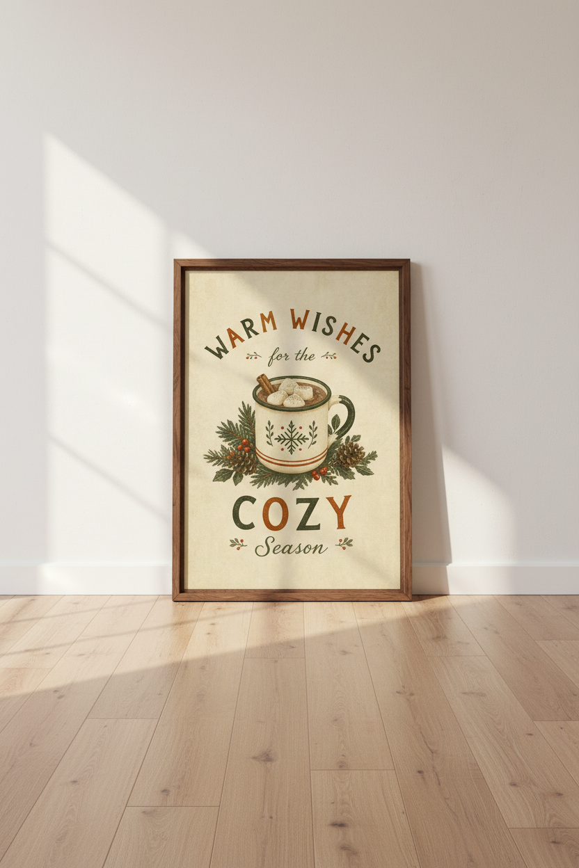 Cozy Hot Cocoa Winter Wall Art Print | Kitchen Christmas Decor | Retro Holiday Poster