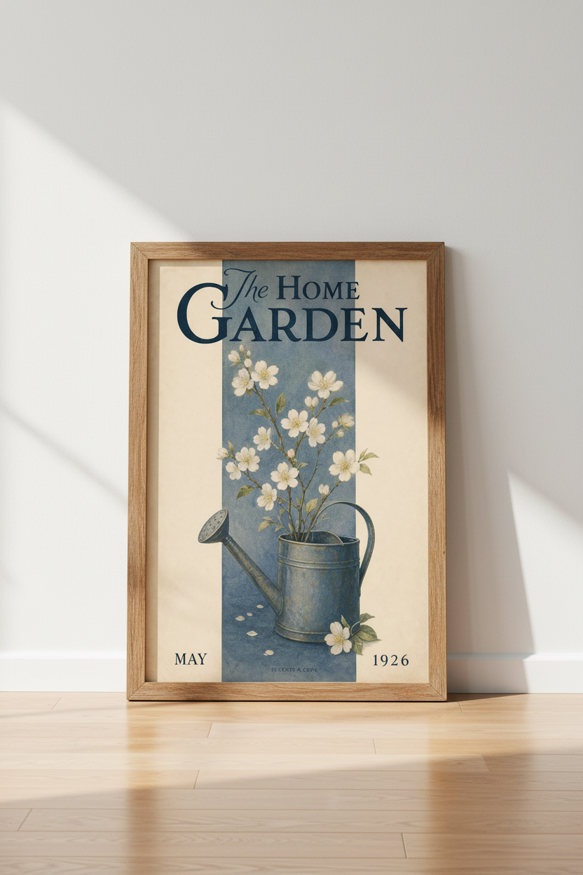 The Home Garden Vintage Magazine Cover Art | Floral Blue &amp; Cream Decor | Botanical Poster