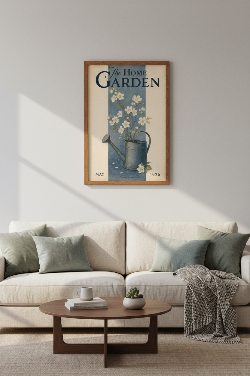 The Home Garden Vintage Magazine Cover Art | Floral Blue &amp; Cream Decor | Botanical Poster