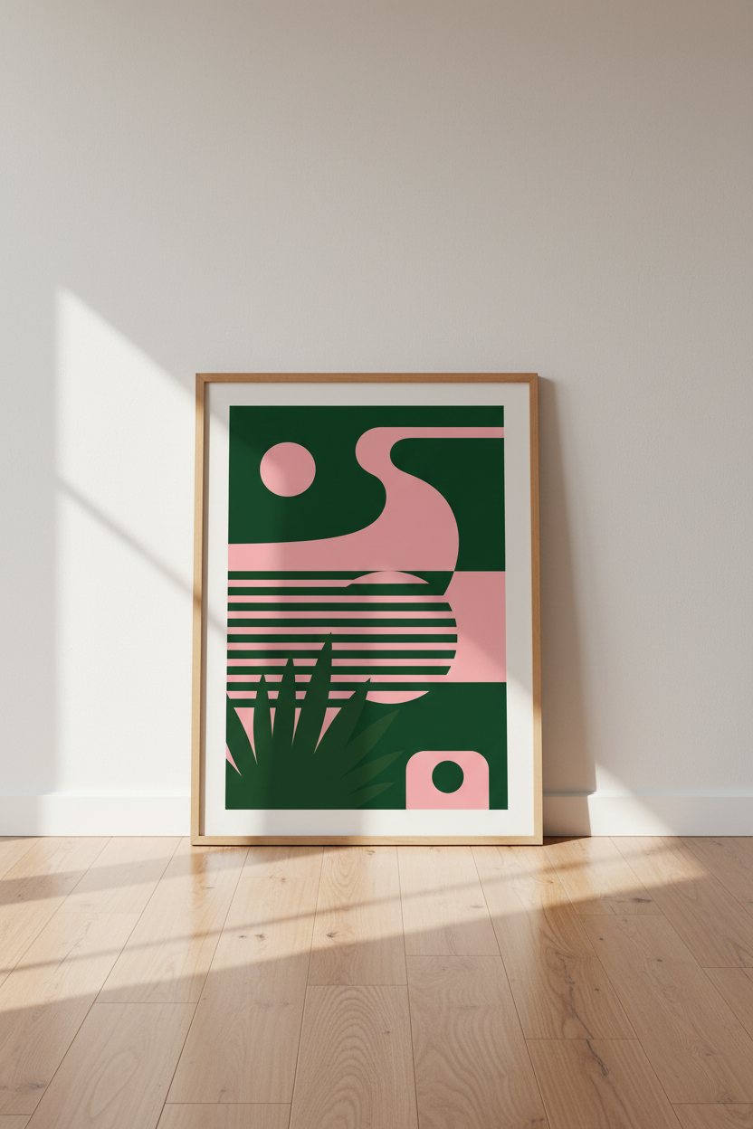 Abstract Botanical Wall Art | Green &amp; Pink Geometric Poster, Modern Living Room Decor