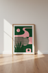 Abstract Botanical Wall Art | Green & Pink Geometric Poster, Modern Living Room Decor