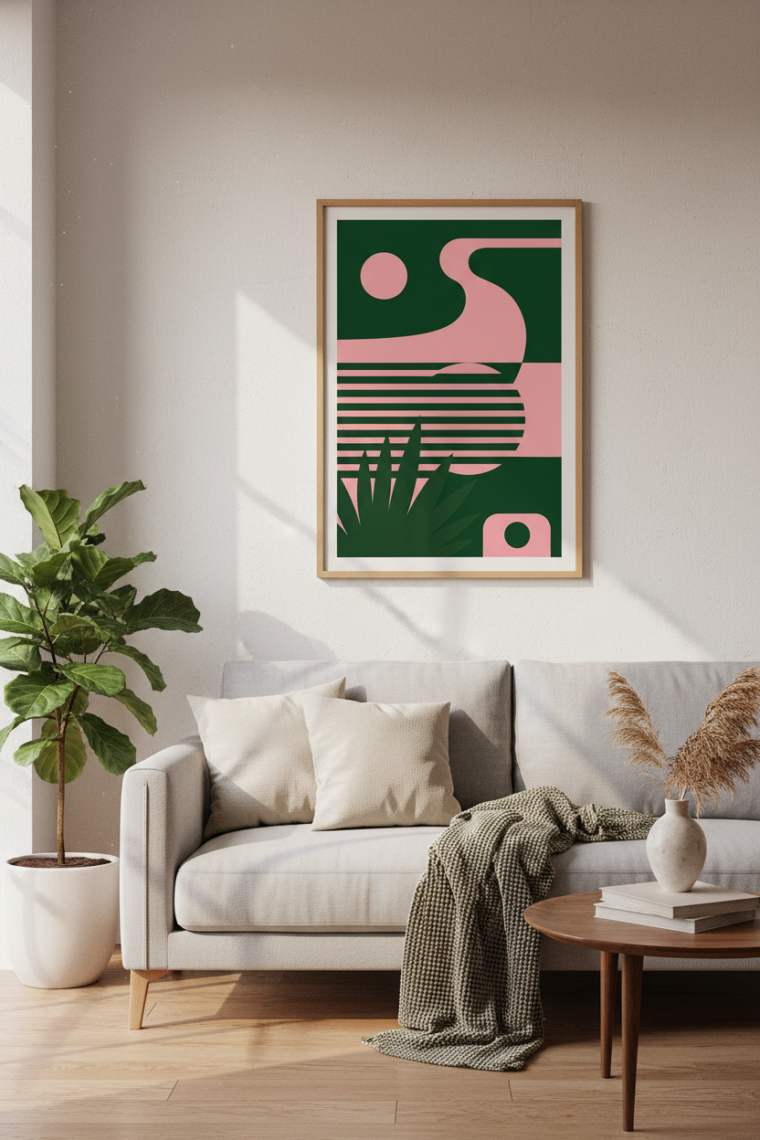 Abstract Botanical Wall Art | Green &amp; Pink Geometric Poster, Modern Living Room Decor