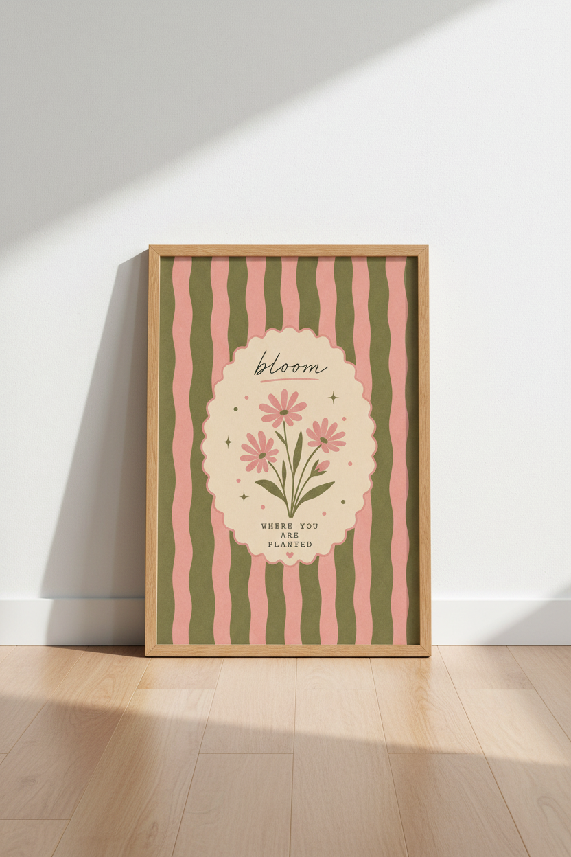 Floral Quote Wall Art Print | Pink &amp; Olive Retro Decor | Modern Botanical Poster