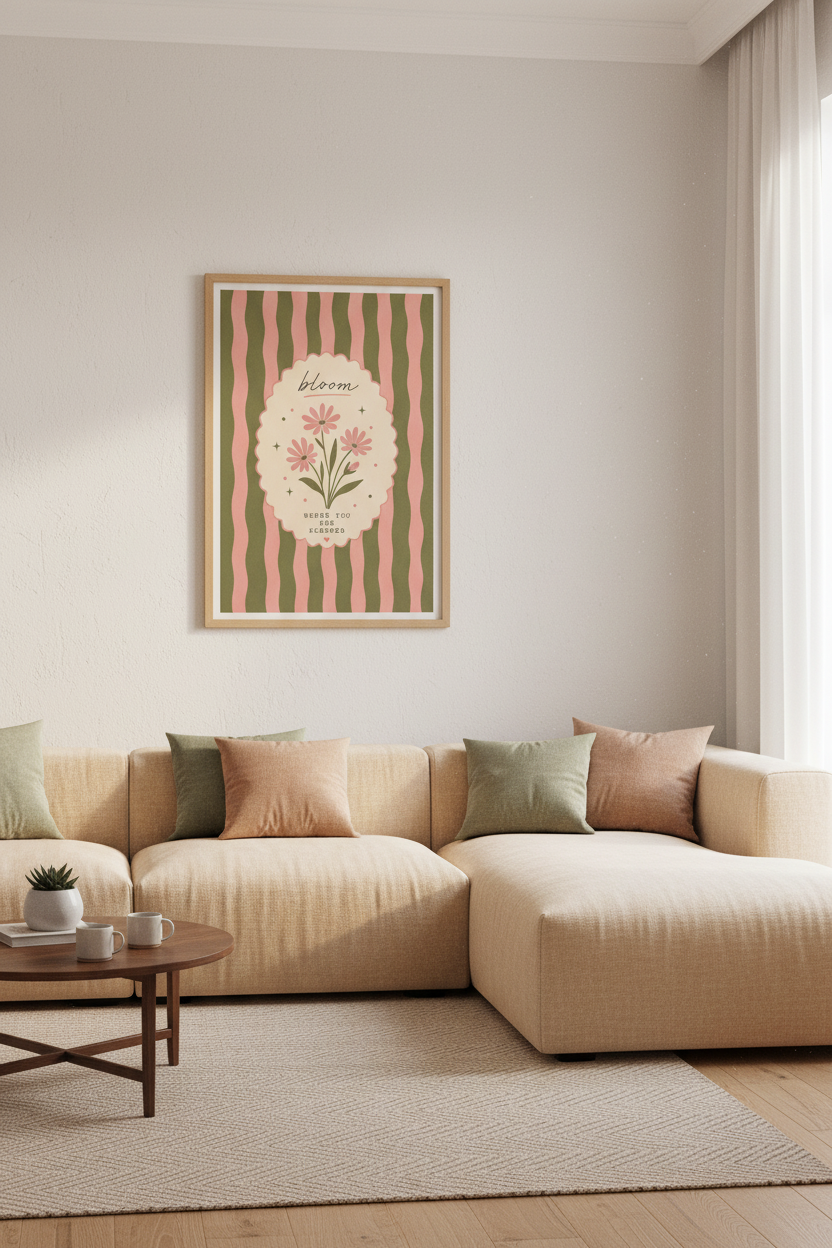 Floral Quote Wall Art Print | Pink &amp; Olive Retro Decor | Modern Botanical Poster