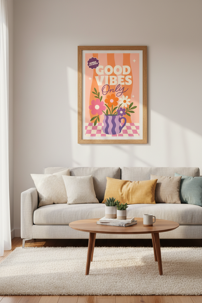 Good Vibes Only Floral Print | Retro Groovy Orange Pink Poster, Danish Pastel Decor