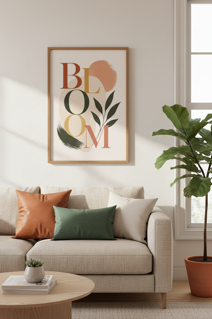 Bloom Typography Wall Art | Boho Earth Tone Botanical Poster | Modern Living Room Decor