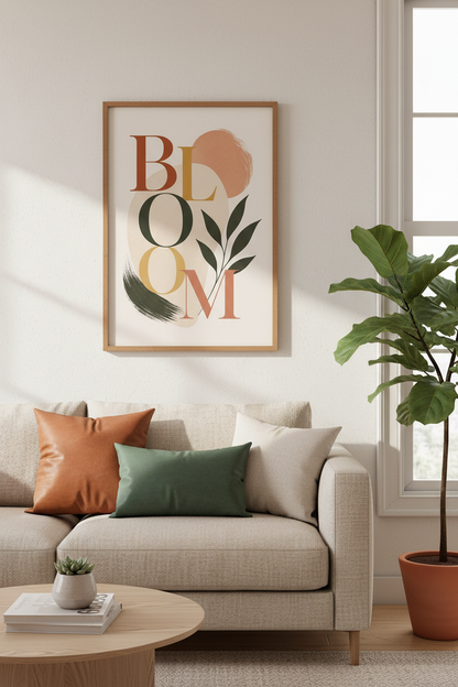 Bloom Typography Wall Art | Boho Earth Tone Botanical Poster | Modern Living Room Decor