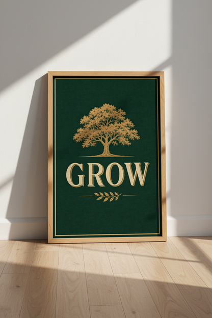 Oak Tree Grow Wall Art | Emerald Green &amp; Gold Decor | Dark Academia Poster