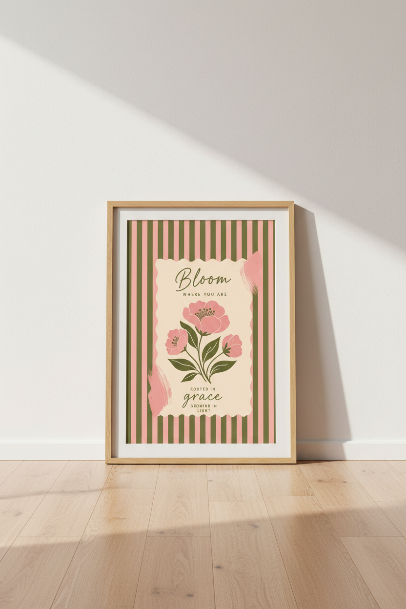 Bloom Where You Are Floral Wall Art | Pink &amp; Green Botanical Print, Cottagecore Poster