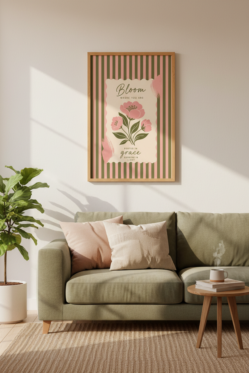 Bloom Where You Are Floral Wall Art | Pink &amp; Green Botanical Print, Cottagecore Poster