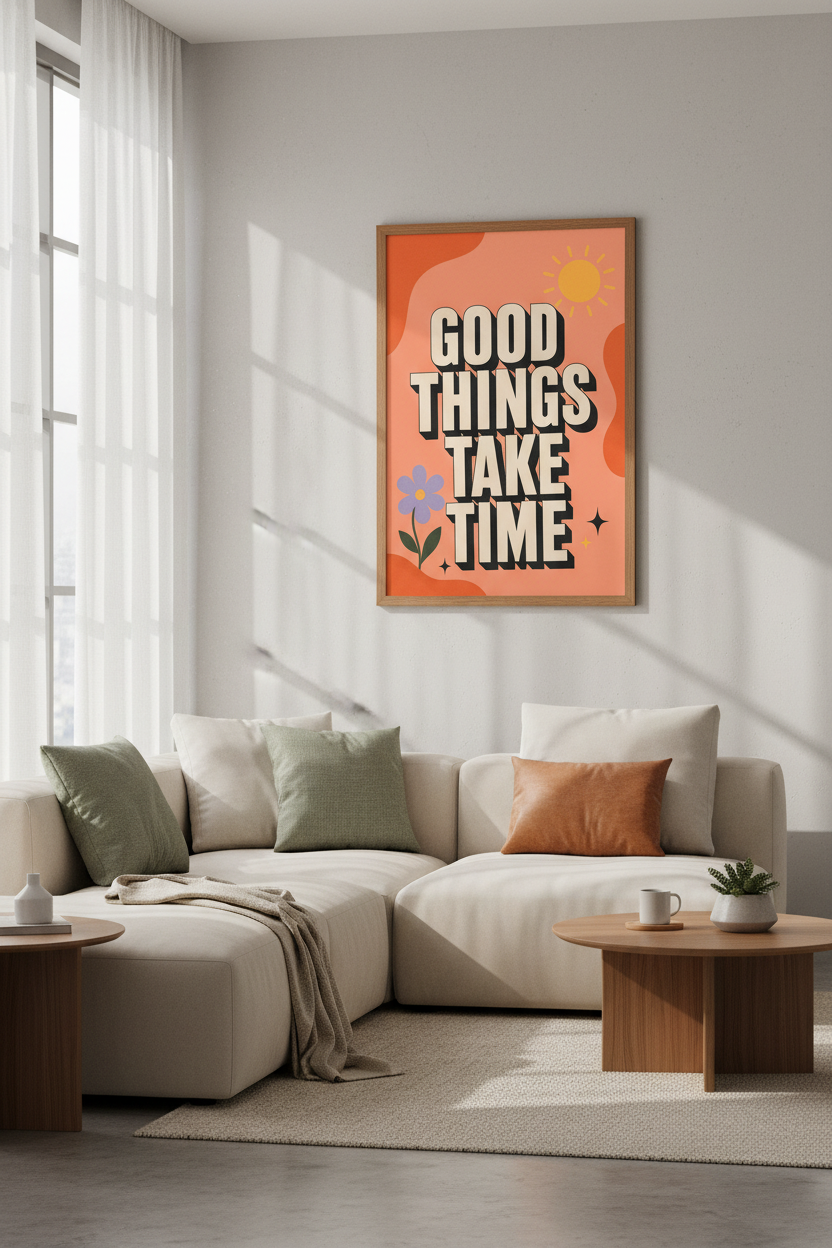 Good Things Take Time Poster | Retro Orange Typography Print | Positive Mindset Wall Art
