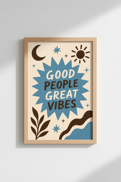 Good Vibes Poster | Modern Blue Starburst, Living Room Decor