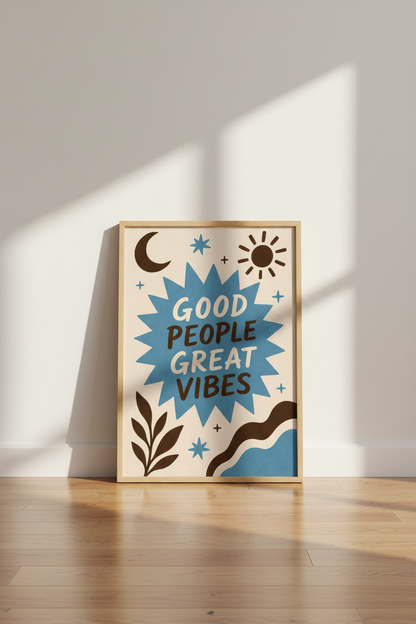 Good Vibes Poster | Modern Blue Starburst, Living Room Decor