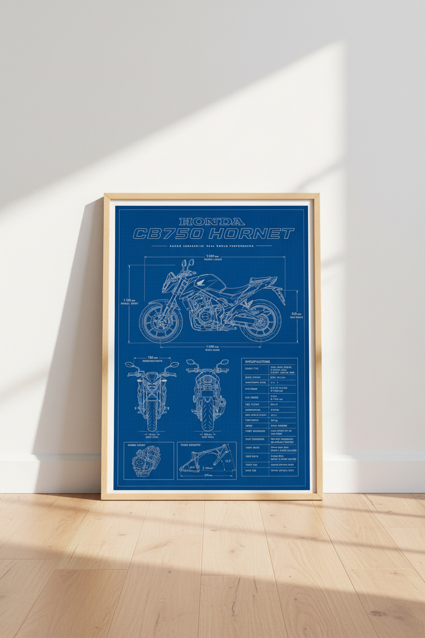 Honda CB750 Hornet Blueprint Wall Art | Garage Decor | Motorcycle Technical Poster
