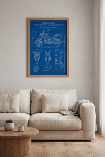 Honda CB750 Hornet Blueprint Wall Art | Garage Decor | Motorcycle Technical Poster