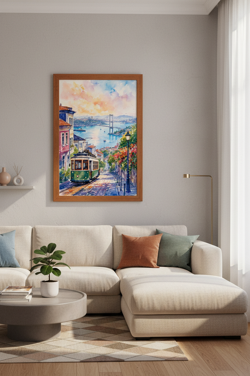 Istanbul Landscape | Watercolor Tram &amp; Bridge Print, Turkey City Travel Poster