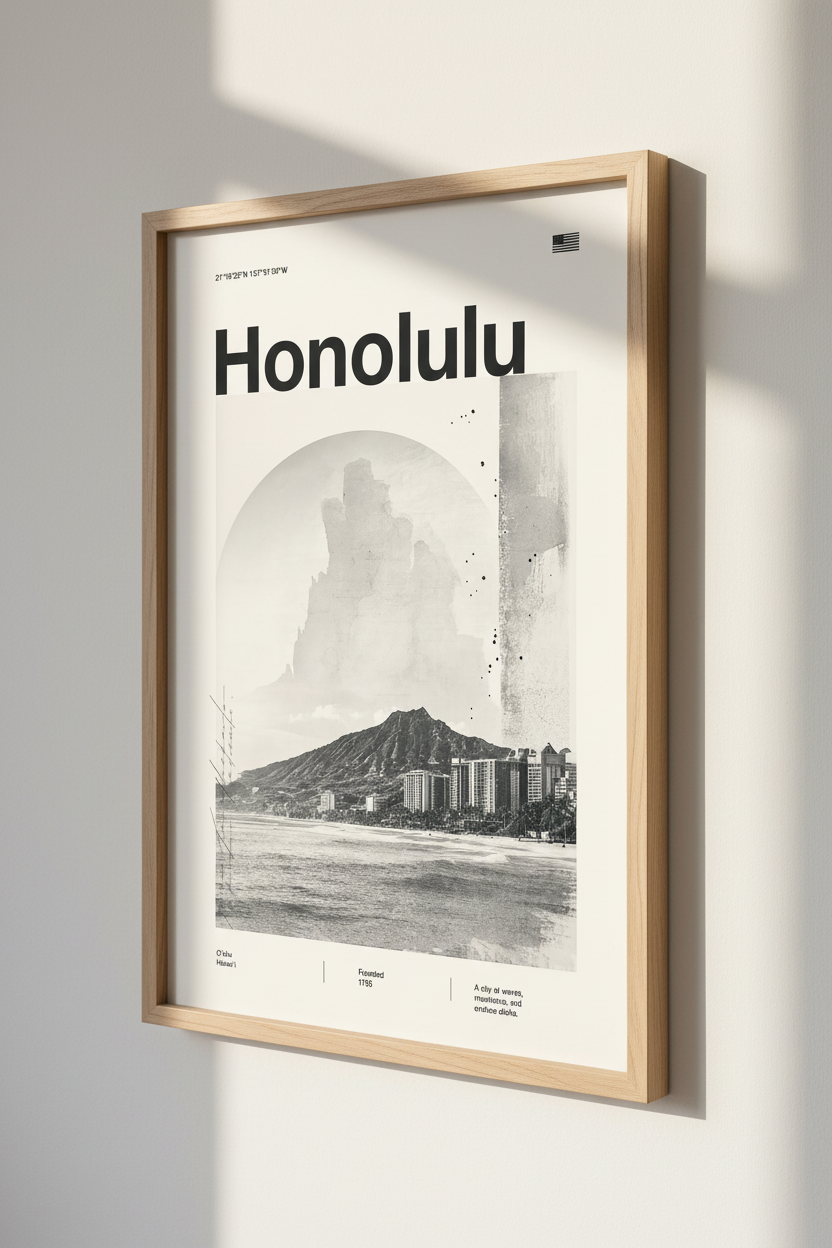 Honolulu Hawaii Wall Art | Modern Minimalist Oahu Poster | Beach House Decor
