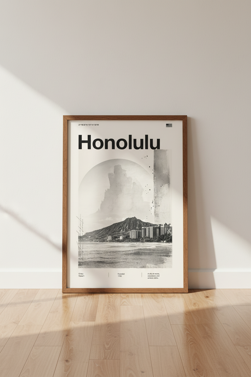 Honolulu Hawaii Wall Art | Modern Minimalist Oahu Poster | Beach House Decor