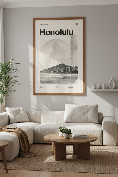 Honolulu Hawaii Wall Art | Modern Minimalist Oahu Poster | Beach House Decor