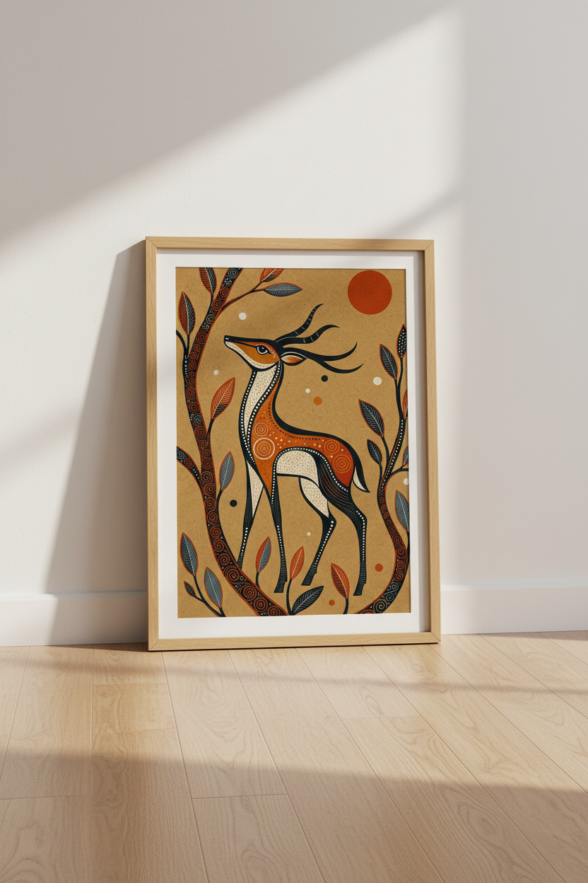 Tribal Deer Wall Art Print | Folk Style Earth Tone Poster | Boho Living Room Decor