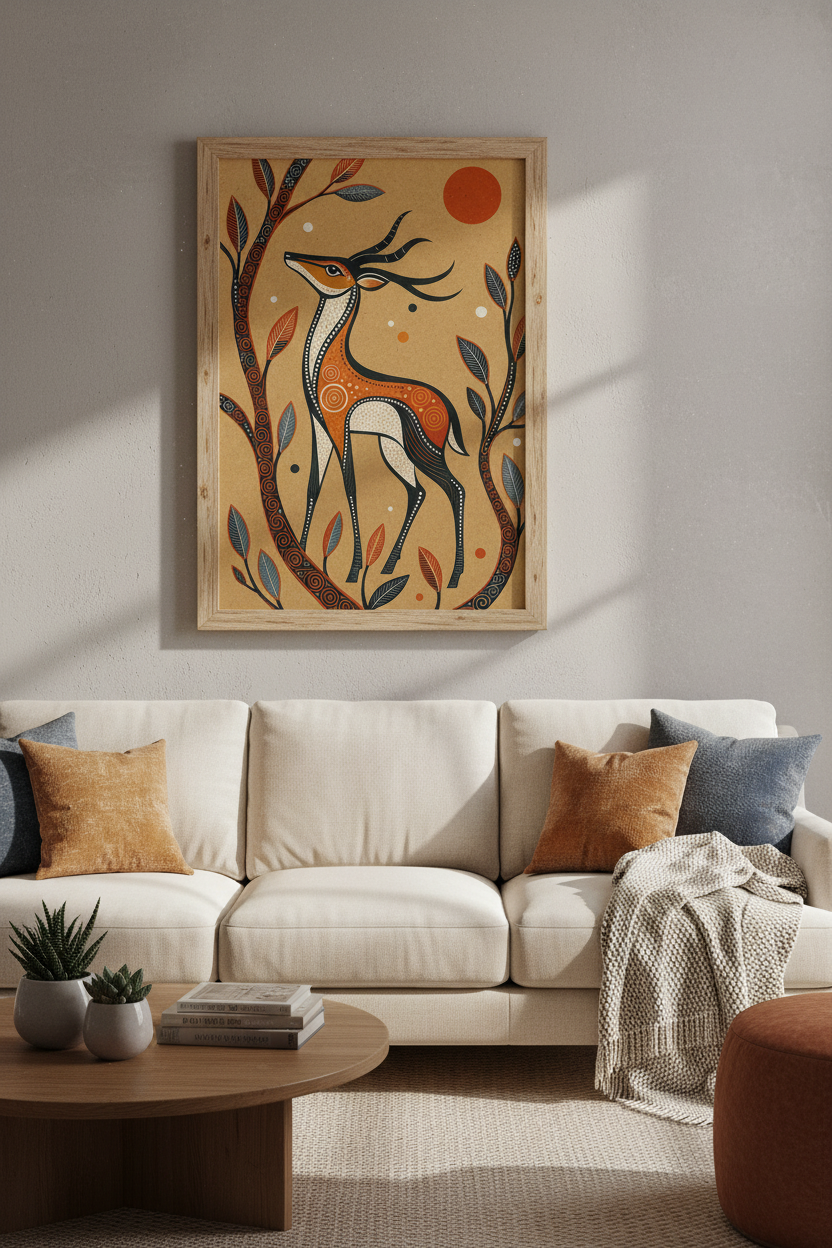 Tribal Deer Wall Art Print | Folk Style Earth Tone Poster | Boho Living Room Decor