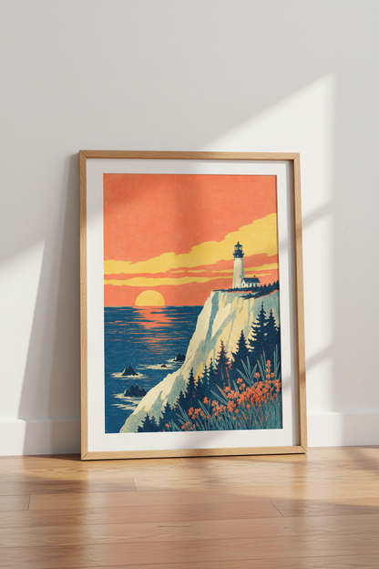 Lighthouse Sunset Wall Art | Japanese Woodblock Style Coastal Poster, Living Room Decor