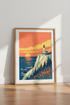 Lighthouse Sunset Wall Art | Japanese Woodblock Style Coastal Poster, Living Room Decor
