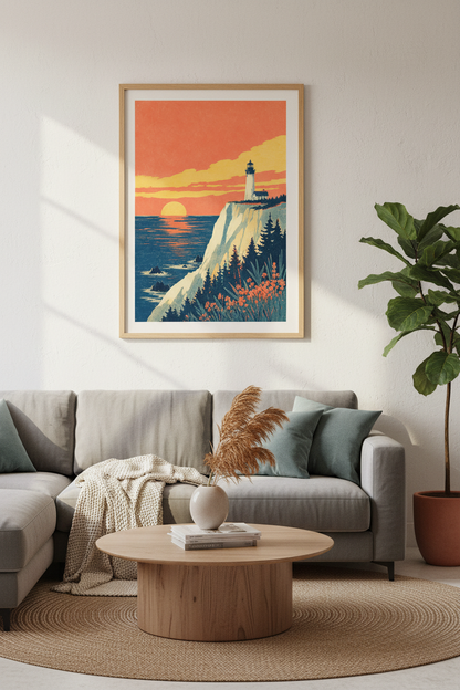 Lighthouse Sunset Wall Art | Japanese Woodblock Style Coastal Poster, Living Room Decor