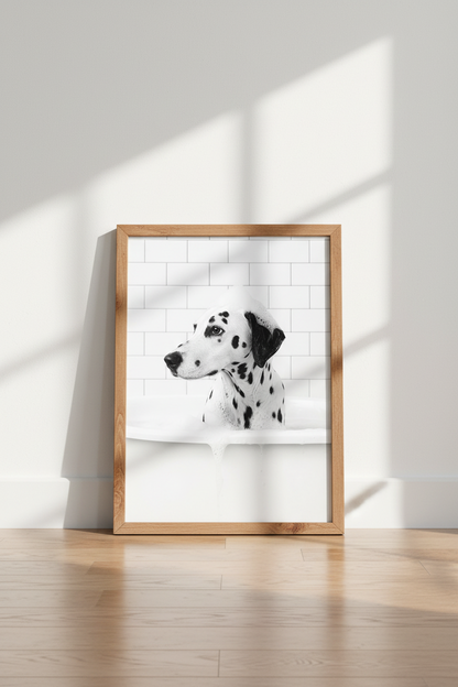 Dalmatian in Bathtub | Black and White Dog Print, Bathroom Wall Art Decor