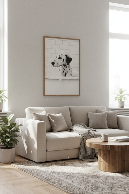 Dalmatian in Bathtub | Black and White Dog Print, Bathroom Wall Art Decor